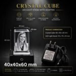 Small Size Single Face Photo 3D Engraved Crystal Cube with LED Light Base for Specials Celebrations and momentos - 40x40x60 mm