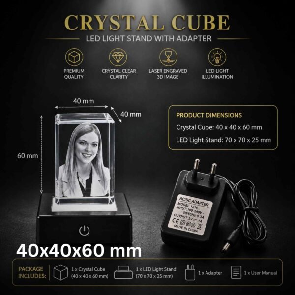 Small Size Single Face Photo 3D Engraved Crystal Cube with LED Light Base for Specials Celebrations and momentos - 40x40x60 mm