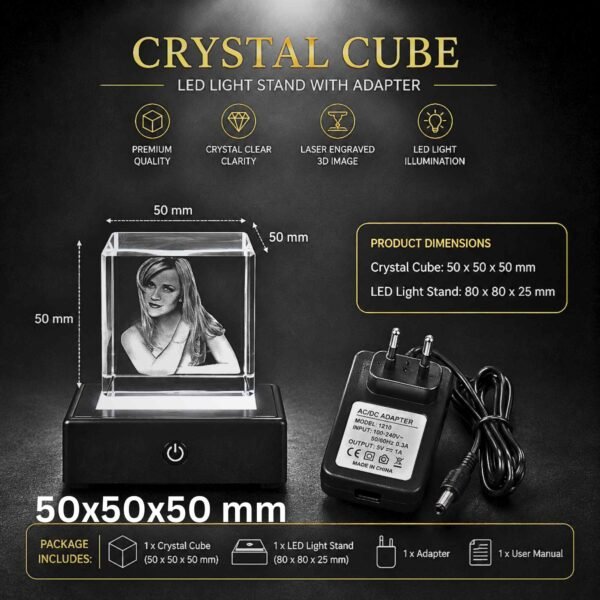 Square Size Single Face Photo 3D Engraved Crystal Cube with LED Light Base for Specials Celebrations and momentos - 50x50x50 mm