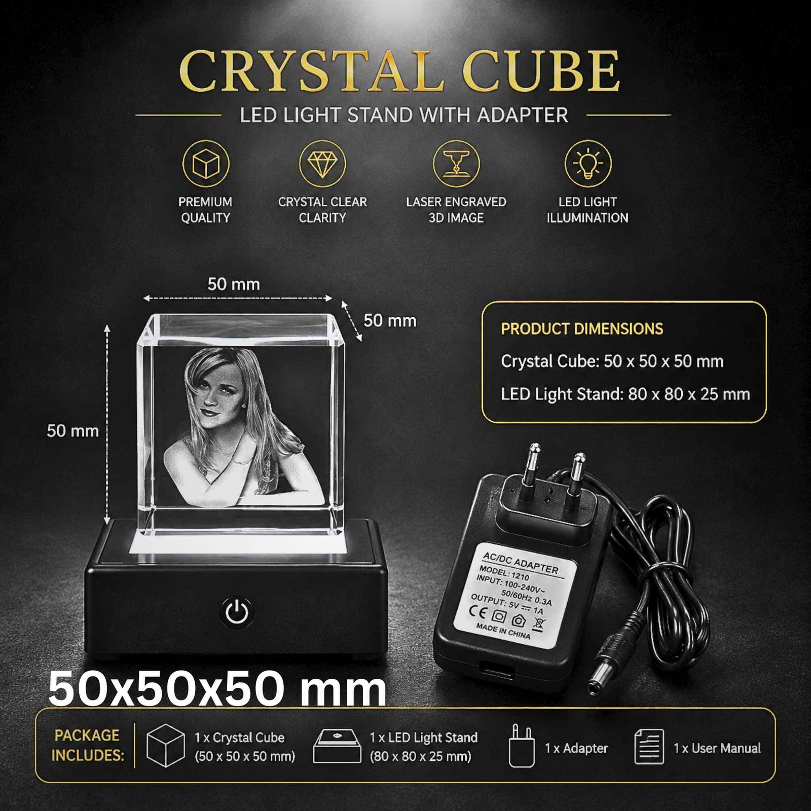 555 Square Size Single Face Photo 3D Engraved Crystal Cube with LED Light Base for Specials Celebrations and momentos - 50x50x50 mm - Image 1