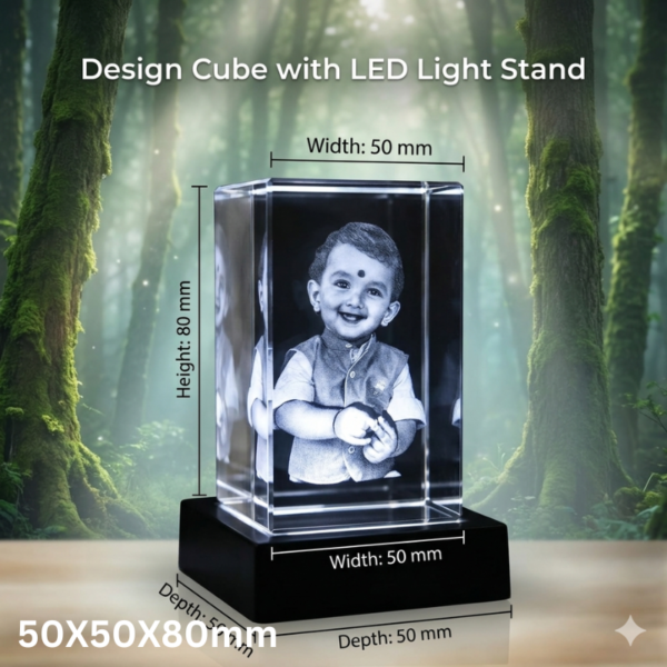 Small Personalized 3D Crystal Photo Cube with Light Base - 50x50x80 mm