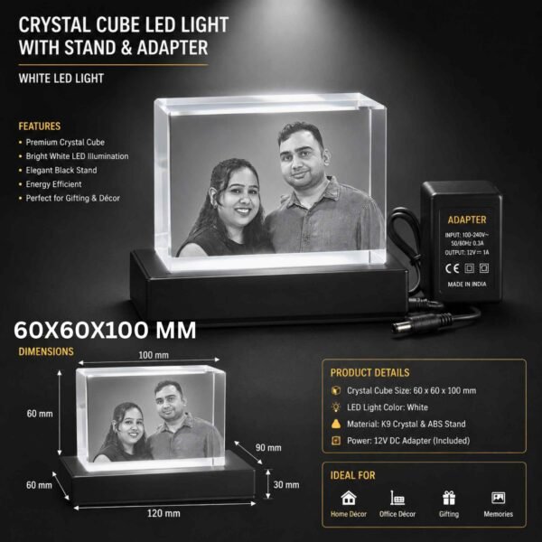 Couple Photo in Crystal - 60x60x100 mm with LED Light Stand