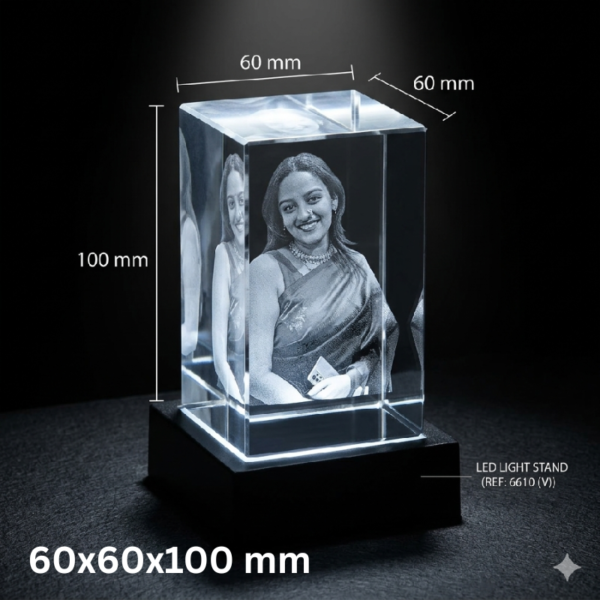 Medium Personalized 3D Crystal Photo Cube with Light Base – 60x60x100 mm