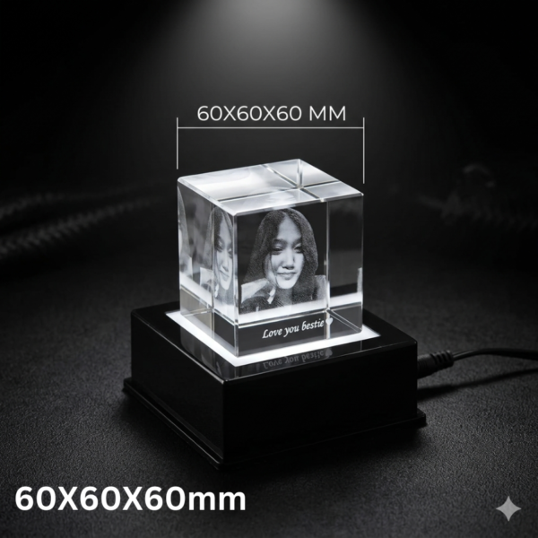 Square Personalized 3D Crystal Photo Cube with Light Base - 60x60x60 mm