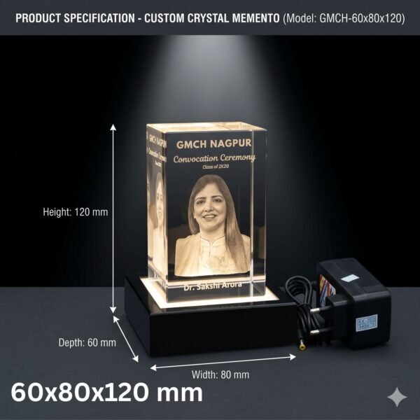 BIG Size Single Face Photo 3D Engraved Crystal Cube with LED Light Base for Specials Celebrations and momentos – 60x80x120 mm