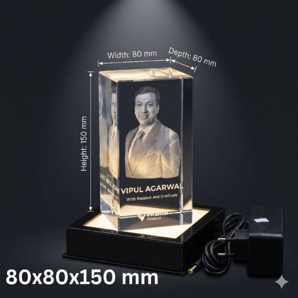Big Size Single Face Photo 3D Engraved Crystal Cube with LED Light Base for Specials Celebrations and momentos – 80x80x150 mm