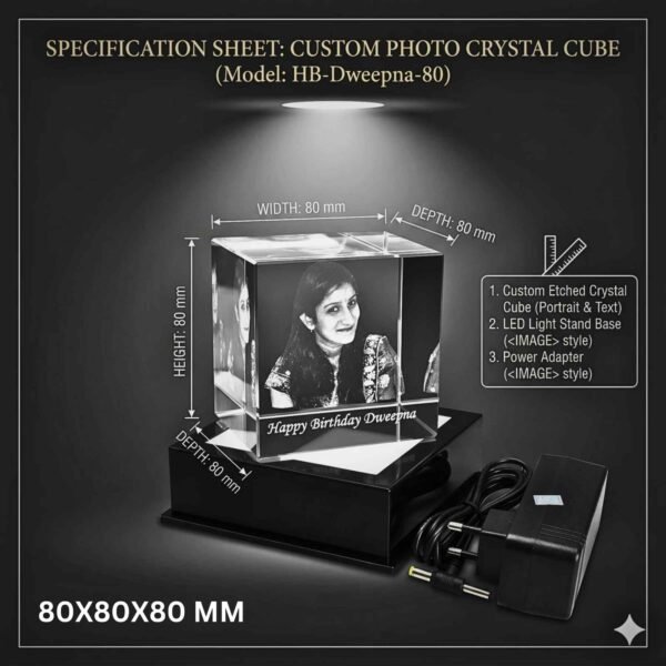 Square Shape Single Face Photo 3D Engraved Crystal Cube with LED Light Base for Specials Celebrations and momentos – 80x80x80 mm