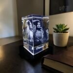 Small Personalized 3D Crystal Photo Cube with Light Base - 50x50x80 mm - Image 3