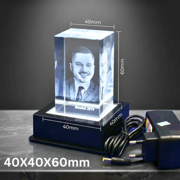 Small Personalized 3D Crystal Photo Cube with Light Base - 40x40x60 mm