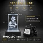 Small Size Single Face Photo 3D Engraved Crystal Cube with LED Light Base for Specials Celebrations and momentos - 50x50x80 mm