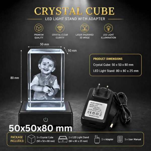 Small Size Single Face Photo 3D Engraved Crystal Cube with LED Light Base for Specials Celebrations and momentos - 50x50x80 mm